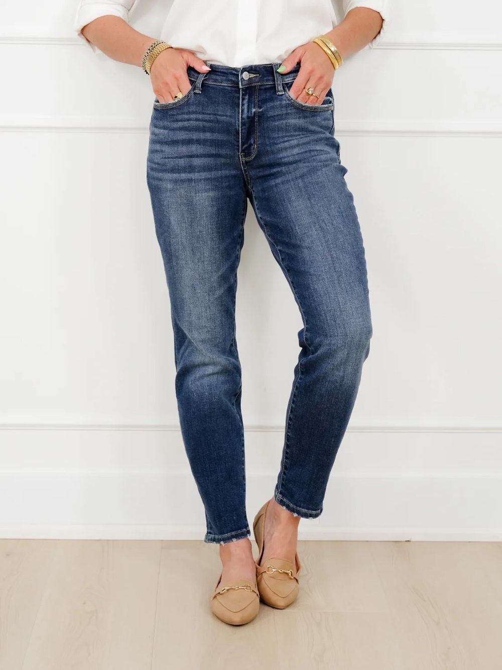 Judy Blue My Boyfriend Mid-Rise Dark Wash Non Distressed Boyfriend Jeans